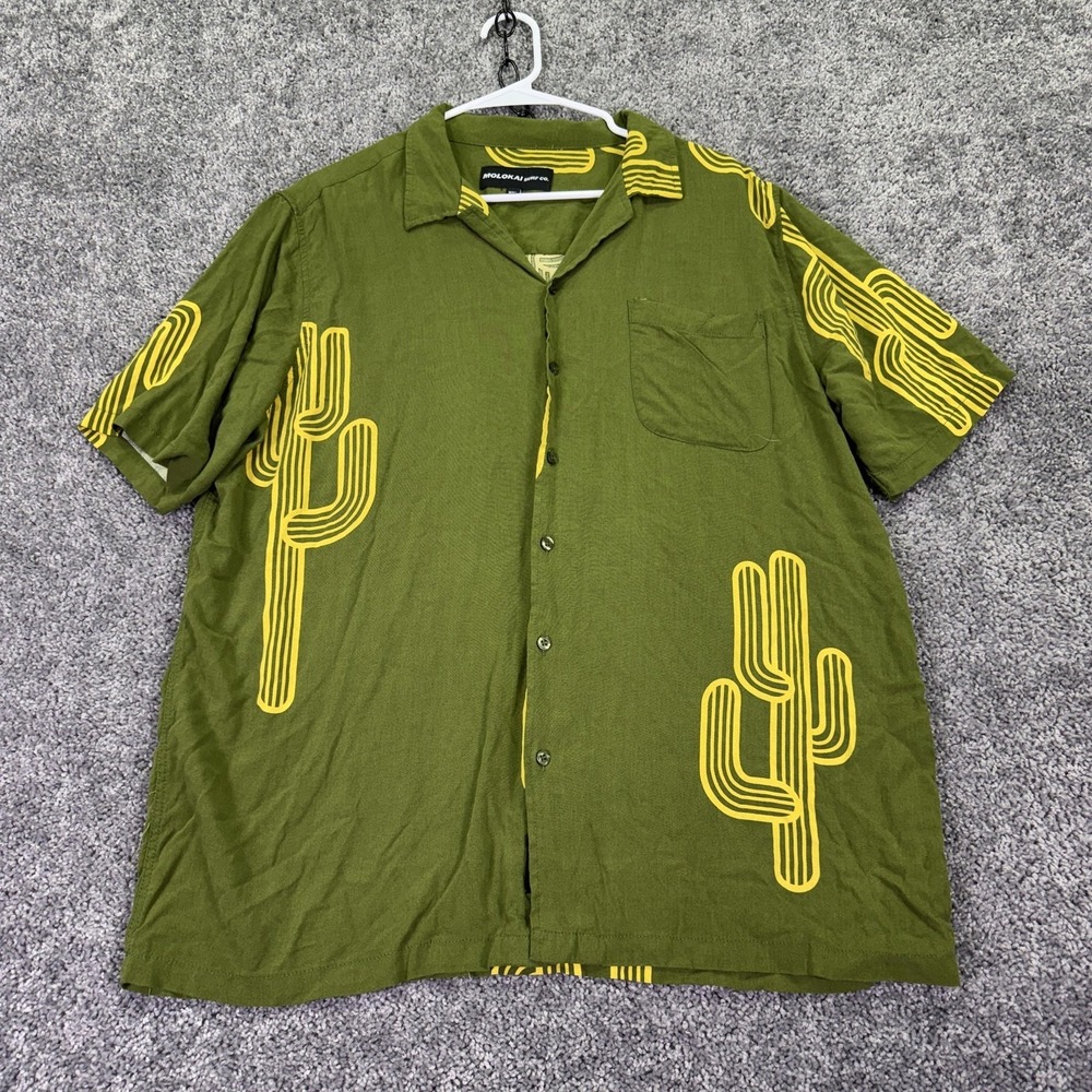 Molokai Surf Co. Shirt Mens 2XL Green Short Sleeve Button Cactus Hawaiian Aloha